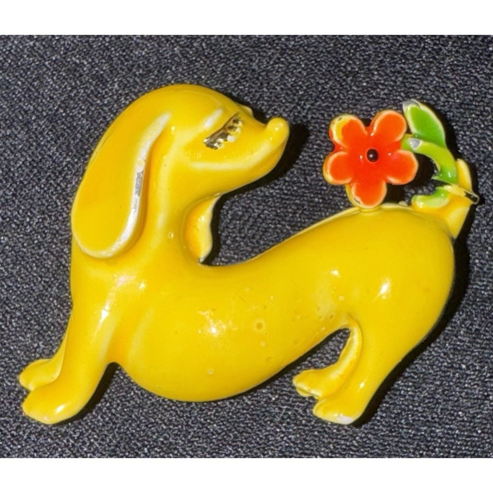 Yellow Dachshund Brooch Metal Red Flower Weiner Dog Pin Retro Kitsch Statement